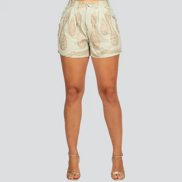 Shorts Feminino em Linho com Bordado Lurex .A2928S Verde Claro