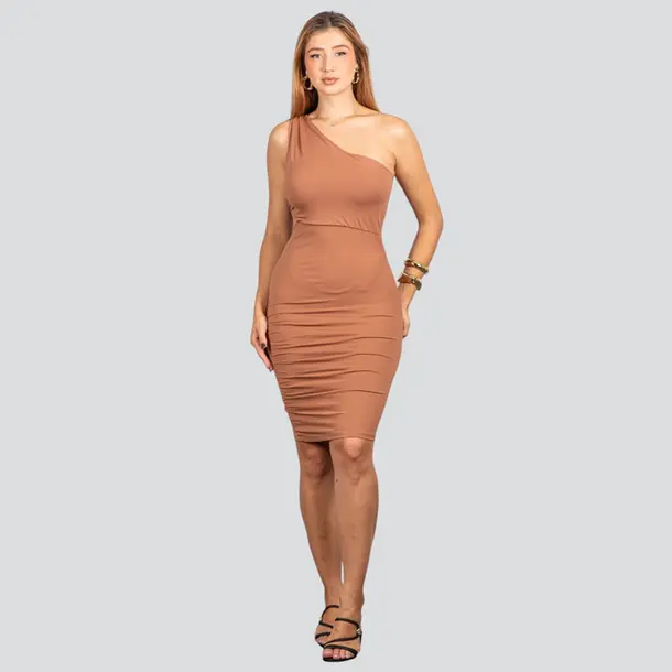 Vestido Um Ombro Drapeado em Poliamida .301 Marrom