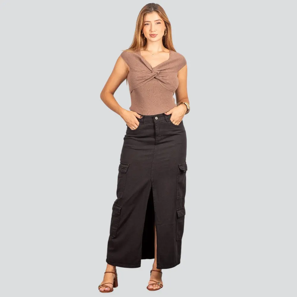 Saia Jeans Longa Cargo com Fenda Frontal .1661