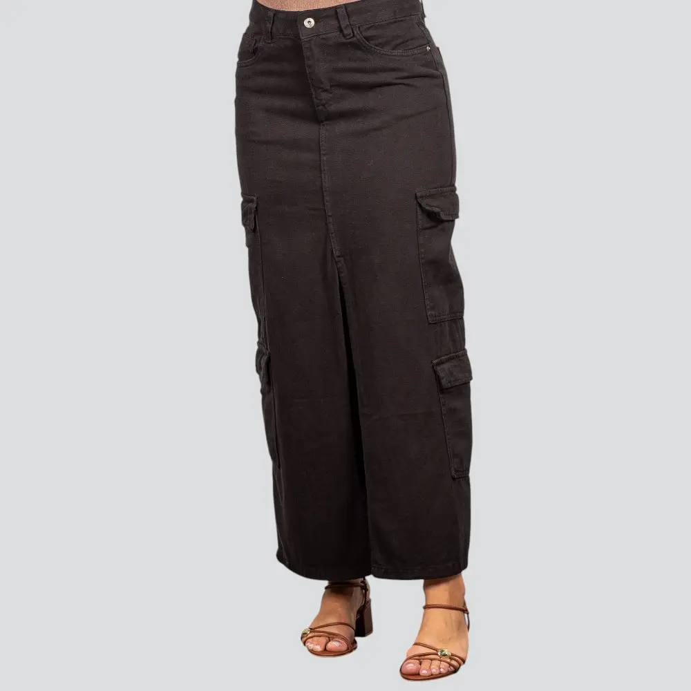 Saia Jeans Longa Cargo com Fenda Frontal .1661