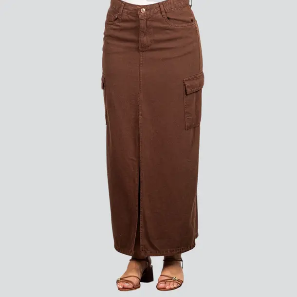 Saia Jeans Longa Cargo com Fenda Frontal .2596 Lav Marrom
