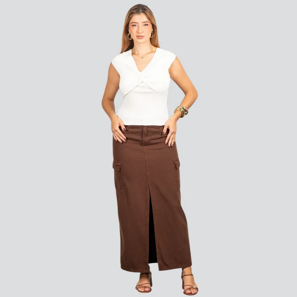 Saia Jeans Longa Cargo com Fenda Frontal .2596