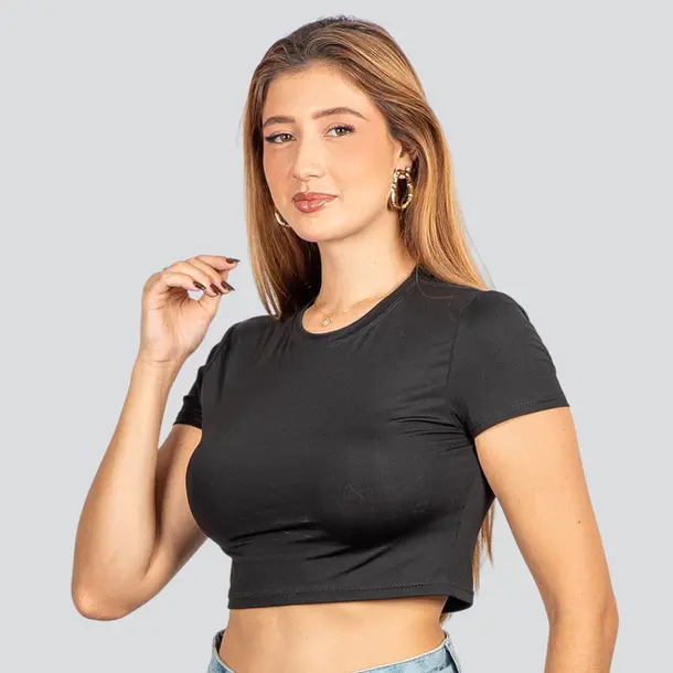 Cropped Feminino Manga Curta em Poliamida .5700 Preto