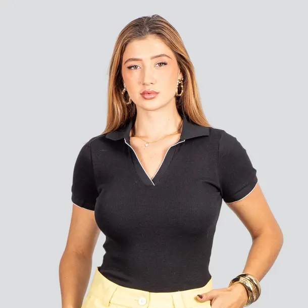 Blusa Polo Canelada Manga Curta .9009273 Preto