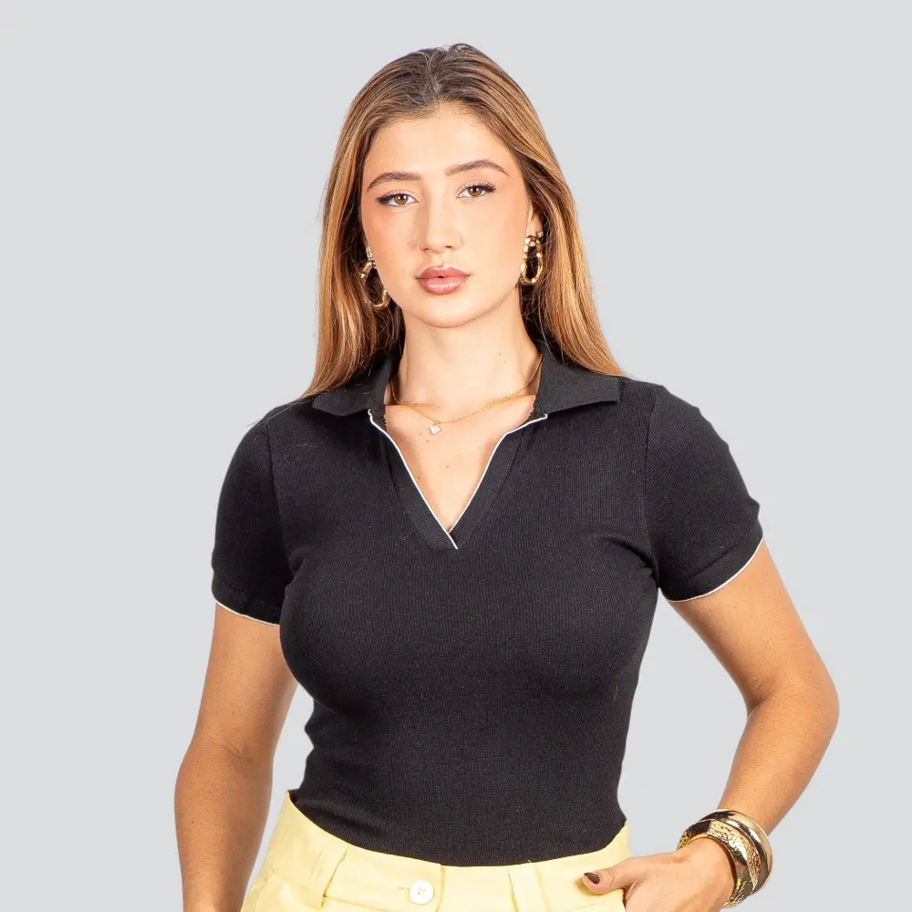 Blusa Polo Canelada Manga Curta .9009273