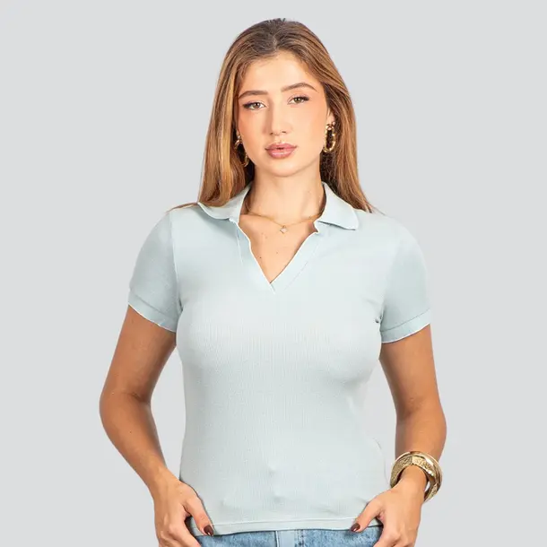 Blusa Polo Canelada Manga Curta .9009273