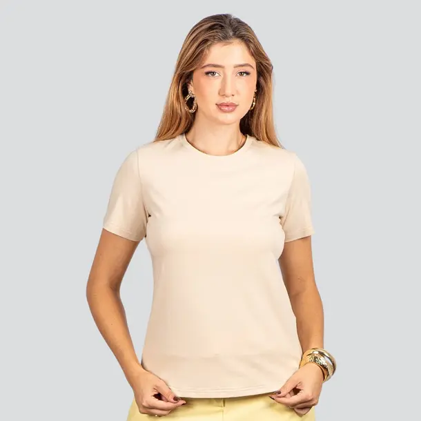Blusa Básica Manga Curta em Algodão .91009302 Bege