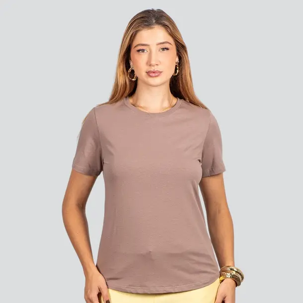 Blusa Básica Manga Curta em Algodão .91009302 Caqui