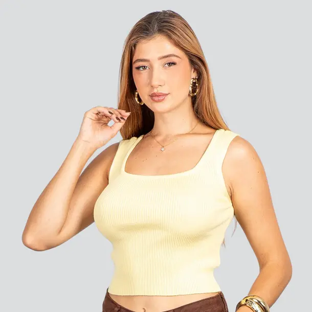 Regata Feminina Tricô Modal Alça Média .91009327 Amarelo