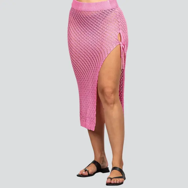 Saia Feminina Midi Crochê Com Fenda .FO97352S Rosa