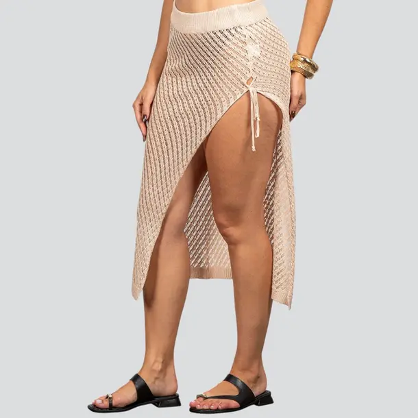 Saia Feminina Midi Crochê Com Fenda .FO97352S Bege