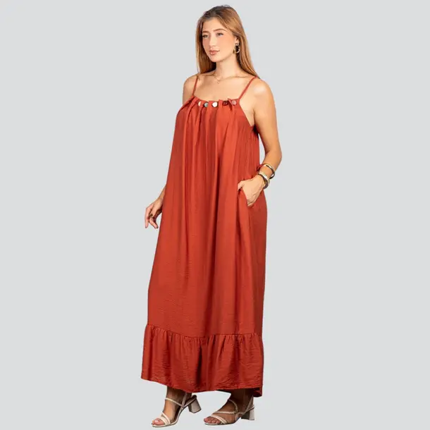 Vestido Feminino Longo Amplo com Pedraria .FV66129 Terracota