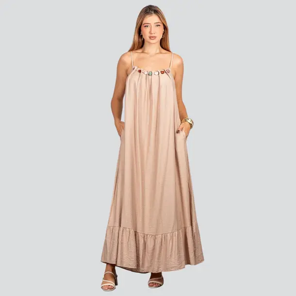 Vestido Feminino Longo Amplo com Pedraria .FV66129 Bege