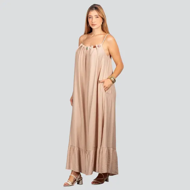 Vestido Feminino Longo Amplo com Pedraria .FV66129 Bege