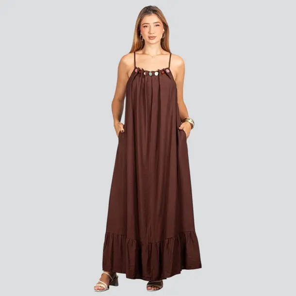 Vestido Feminino Longo Amplo com Pedraria .FV66129 Café