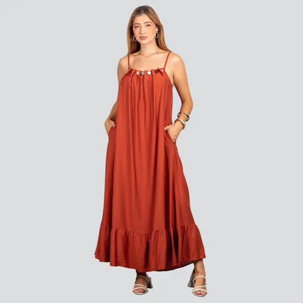 Vestido Feminino Longo Amplo com Pedraria .FV66129 Terracota