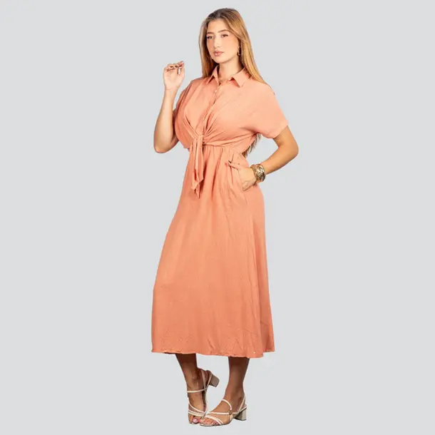 Vestido Feminino Midi Manga Curta .LV65901 Rosa