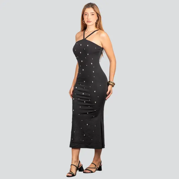Vestido Feminino Midi com Aplicação Brilho .NB683 Preto