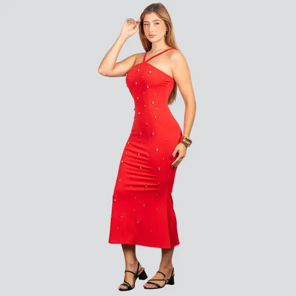 Vestido Feminino Midi com Aplicação Brilho .NB683 Vermelho