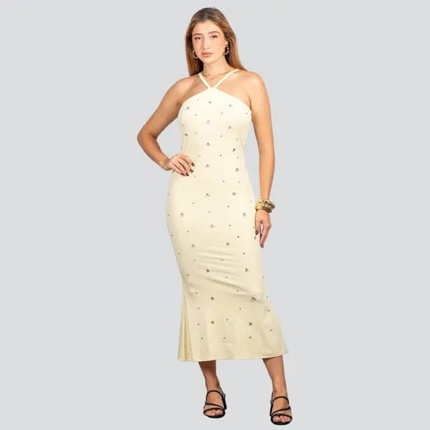 Vestido Feminino Midi com Aplicação Brilho .NB683 Amarelo