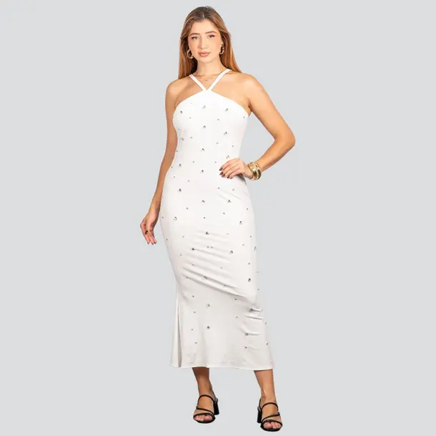Vestido Feminino Midi com Aplicação Brilho .NB683 Branco
