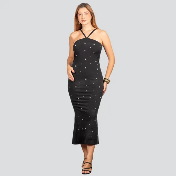 Vestido Feminino Midi com Aplicação Brilho .NB683 Preto