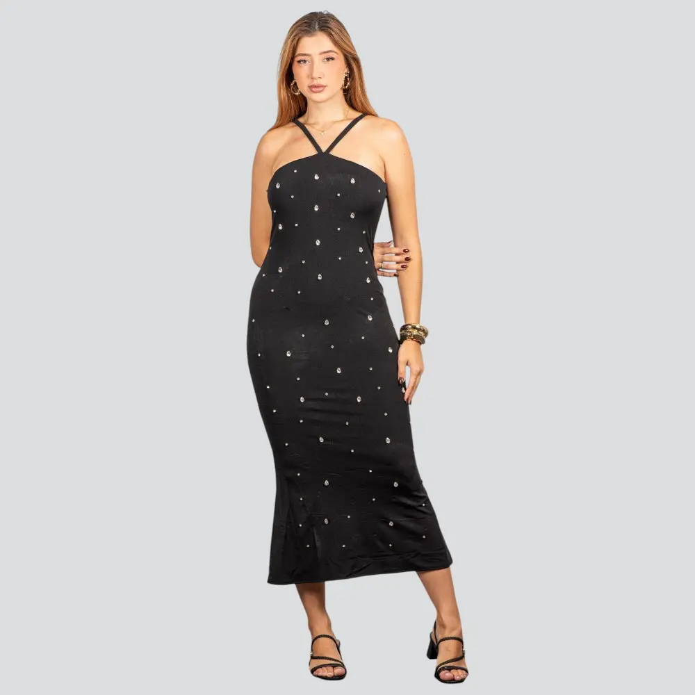 Vestido Feminino Midi com Aplicação Brilho .NB683