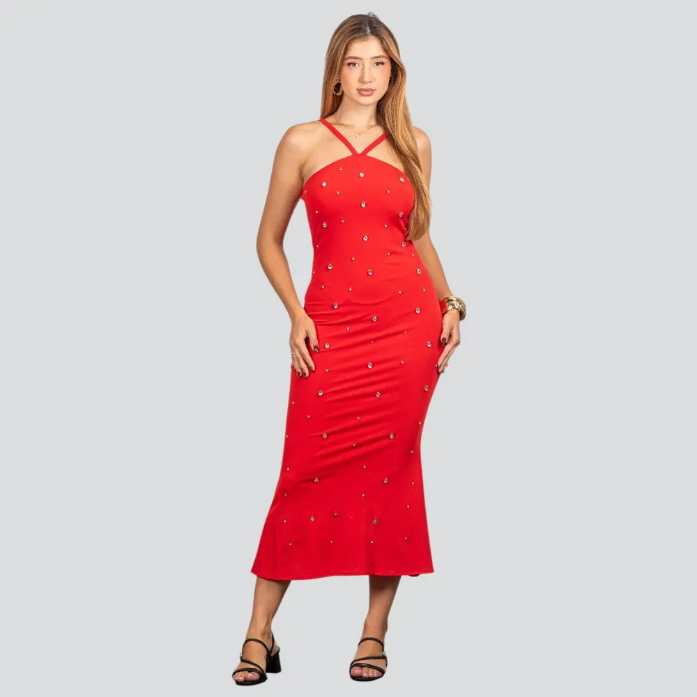 Vestido Feminino Midi com Aplicação Brilho .NB683
