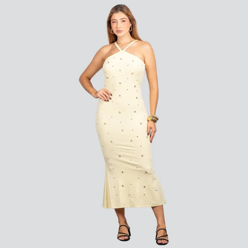 Vestido Feminino Midi com Aplicação Brilho .NB683