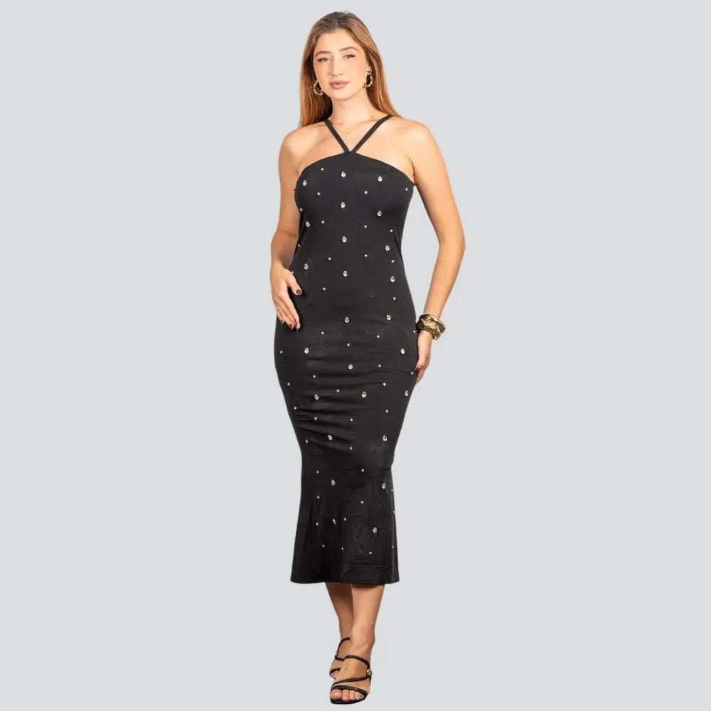 Vestido Feminino Midi com Aplicação Brilho .NB683