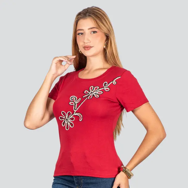 Blusa Feminina Manga Curta Com Bordado .F3318 Vermelho