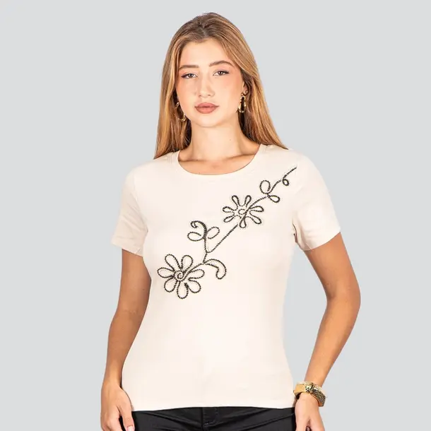 Blusa Feminina Manga Curta Com Bordado .F3318 Bege