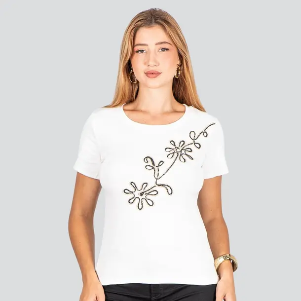 Blusa Feminina Manga Curta Com Bordado .F3318 Branco