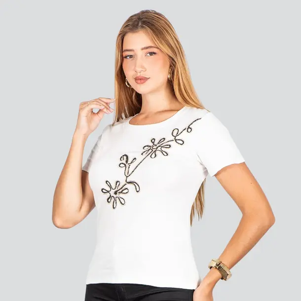 Blusa Feminina Manga Curta Com Bordado .F3318 Branco