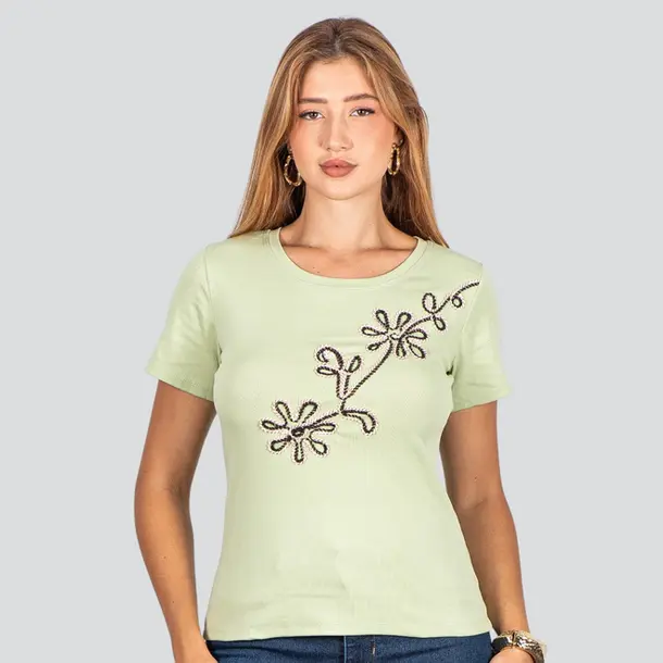 Blusa Feminina Manga Curta Com Bordado .F3318 Verde