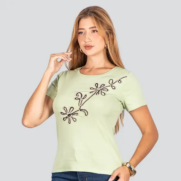Blusa Feminina Manga Curta Com Bordado .F3318 Verde