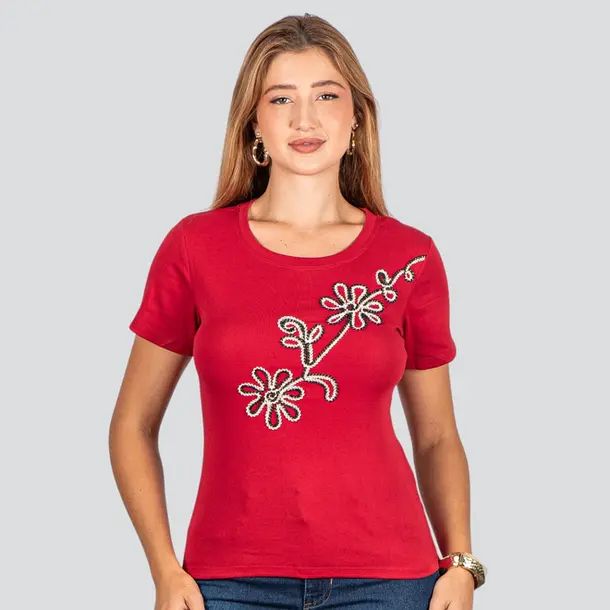 Blusa Feminina Manga Curta Com Bordado .F3318 Vermelho