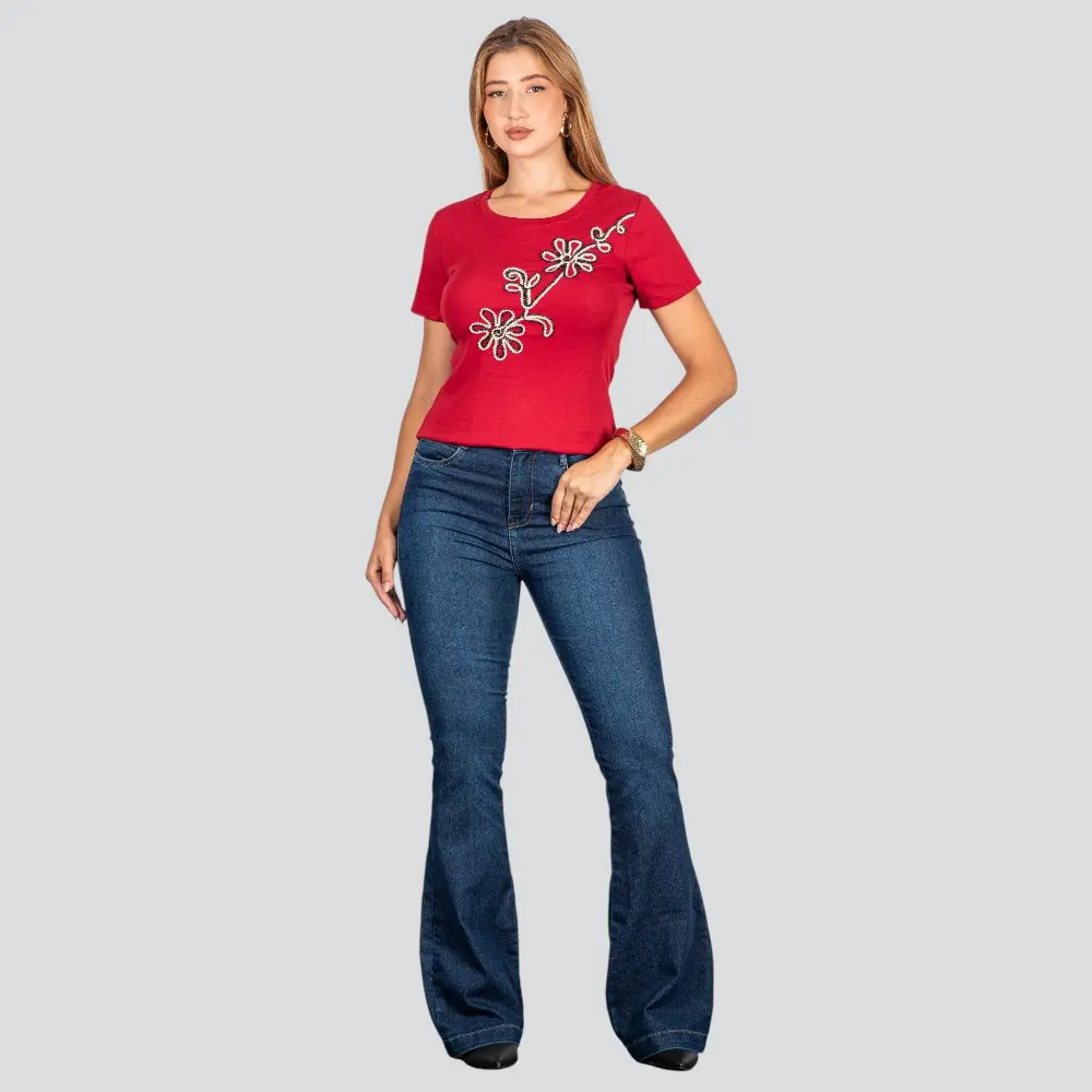 Blusa Feminina Manga Curta Com Bordado .F3318