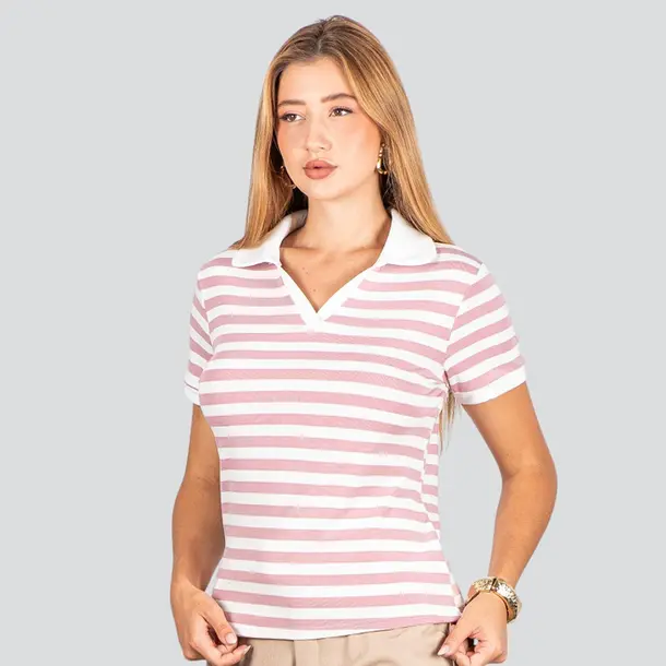 Blusa Polo Feminina Listrada .ZH1061 Rosa