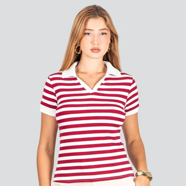 Blusa Polo Feminina Listrada .ZH1061 Vermelho