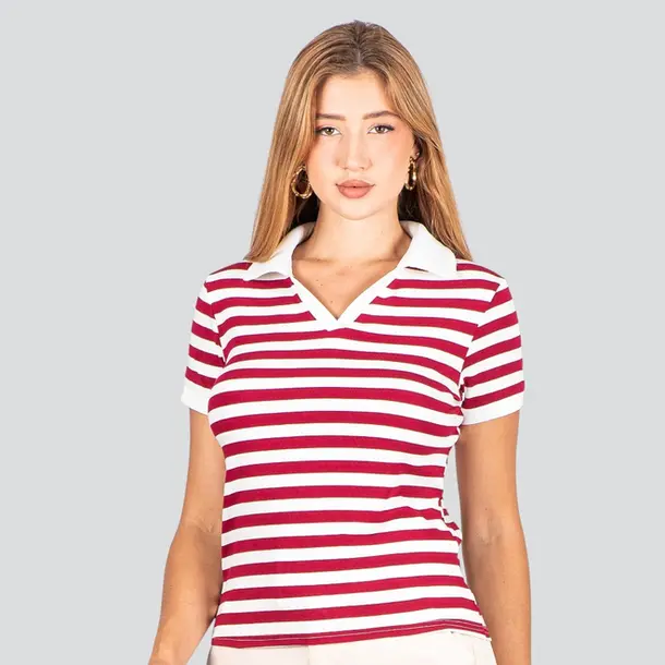 Blusa Polo Feminina Listrada .ZH1061 Vermelho