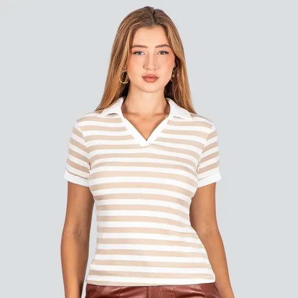 Blusa Polo Feminina Listrada .ZH1061 Bege