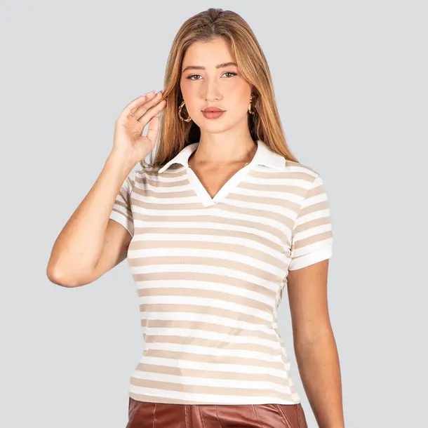 Blusa Polo Feminina Listrada .ZH1061 Bege