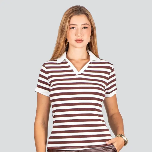 Blusa Polo Feminina Listrada .ZH1061 Marrom