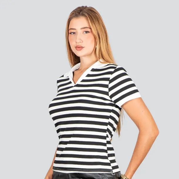 Blusa Polo Feminina Listrada .ZH1061 Preto
