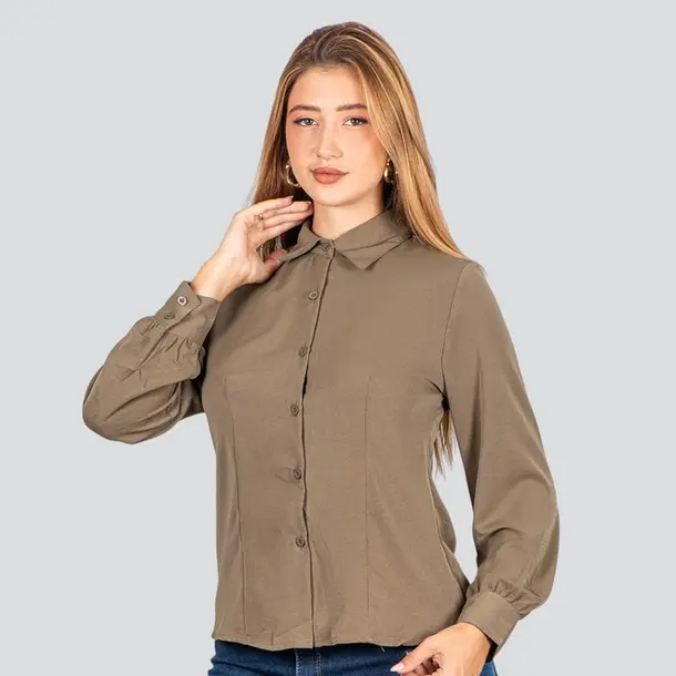 Camisa Feminina Manga Longa Crepe .WS8635 Caqui