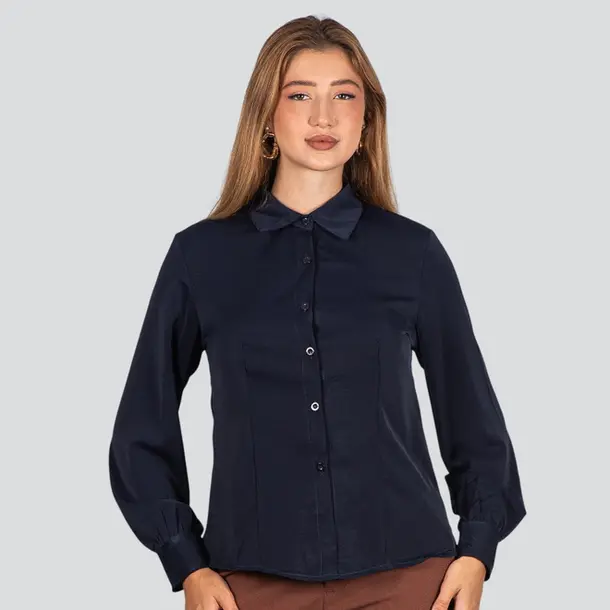 Camisa Feminina Manga Longa Crepe .WS8635 Marinho