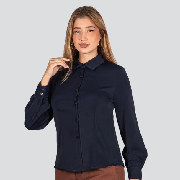 Camisa Feminina Manga Longa Crepe .WS8635 Marinho