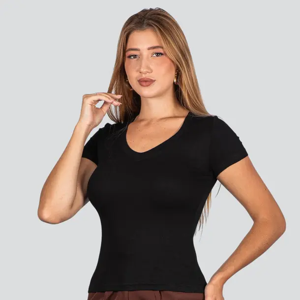 Blusa Feminina Manga Curta Gola V .ZW242 Preto