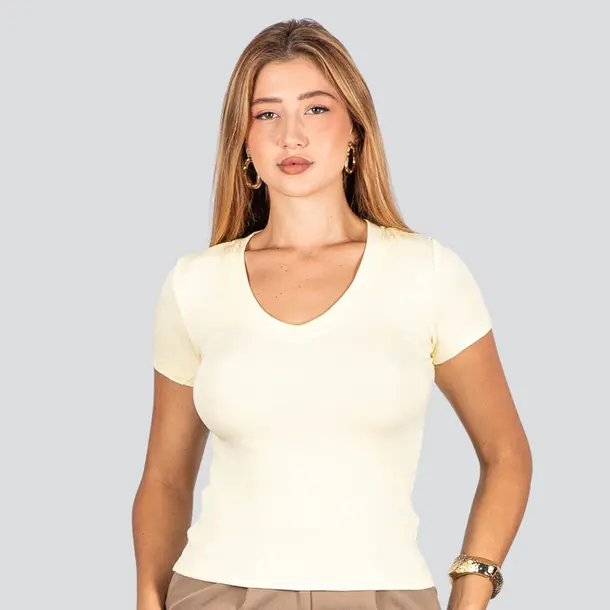 Blusa Feminina Manga Curta Gola V .ZW242 Amarelo